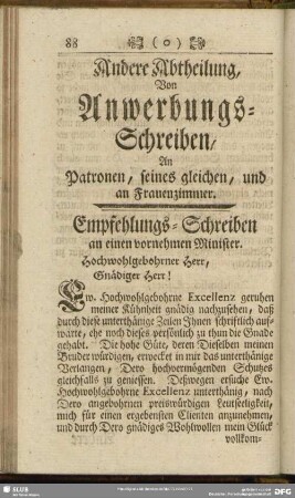 Andere Abtheilung, Von Anwerbungs-Schreiben, An Patronen, seines gleichen, und an Frauenzimmer