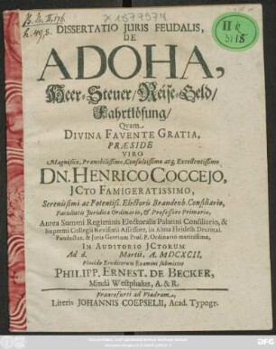 Dissertatio Iuris Feudalis, De Adoha, Heer-Steuer/ Reise-Geld/ Fahrtlösung