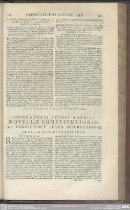 Imperatoris Leonis Augusti Novellae Constitutiones: Aut, Correctoriae Legum Repurgationes. Henrico Agylaeo Interprete