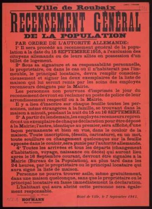 "Ville de Roubaix; Recensement Général de la population" (Vorschriften zur Durchführung einer allgemeinen Volkszählung)