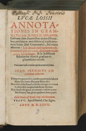 Lucae Lossii Annotationes in grammaticam Philip. Melanth. latinam ...
