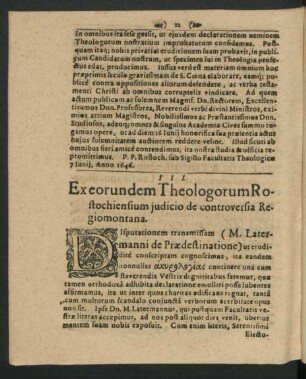III. Exeorundem Theologorum Rostochiensium iudicio de controversia Regiomontana.