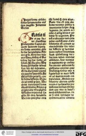 Incipit forma absolutionis sacramentalis eiusdem magistri Johannis Gerson.