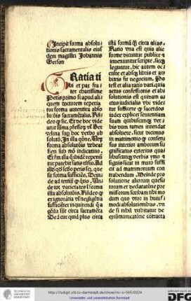 Incipit forma absolutionis sacramentalis eiusdem magistri Johannis Gerson.