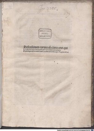 Defensorium curatorum : mit Widmungsbrief an Marcus Alexandreus, Lyon 15.10.1496, von Jodocus Badius Ascensius