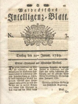 No. 3, Dinstag den 20ten Januar 1789