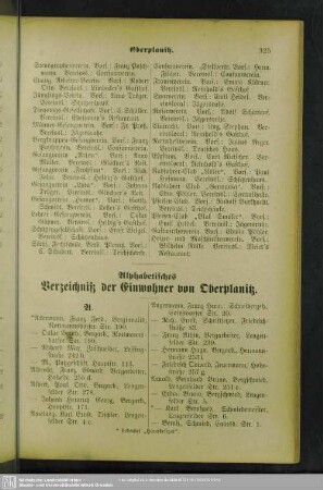 Einwohnerverzeichnis : Alphabetisches Verzeichniß der Einwohner von Oberplanitz