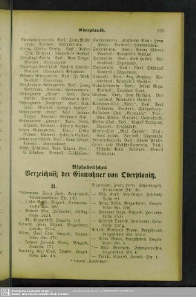 Einwohnerverzeichnis : Alphabetisches Verzeichniß der Einwohner von Oberplanitz