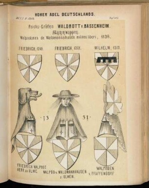 Taf. 114. Reichs-Grafen Waldbott v. Bassenheim. Stammwappen. - Friedrich, 1248. - Friedrich, 1301. - Wilhelm, 1313. - Friedrich Walpode Herr zu Ulme - Wolpod v. Waldmannshausen z. Ulmen. - Walpoden v. Pfaffendorf.