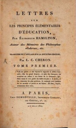 Lettres sur les principes élémentaires d'education, 1
