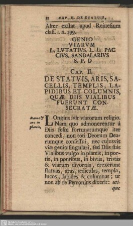 Cap. II. De Statuis, Aris, Sacellis, Templis, Lapidibus Et Columnis, Quae Diis Vialibus Fuerunt Consecratae
