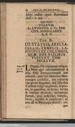 Cap. II. De Statuis, Aris, Sacellis, Templis, Lapidibus Et Columnis, Quae Diis Vialibus Fuerunt Consecratae