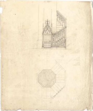 Lange, Ludwig; München; Frauenkirche, Regotisierung - Entwurf für eine neugotische Kanzel - Treppenansatz (Grundriss, Ansicht)