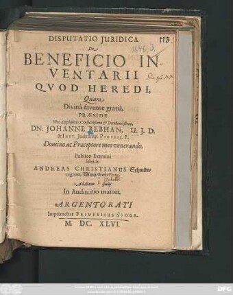Disputatio Iuridica De Beneficio Inventarii Quod Heredi