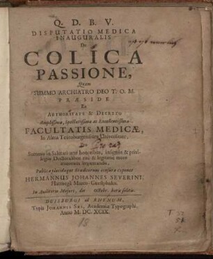 Disputatio Medica Inauguralis De Colica Passione