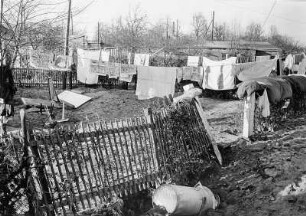 Hamburg-Wilhelmsburg. Nach der Sturmflut - überall Zerstörung und Schmutz. Bewohner haben Wäsche und Hausrat zum Trocknen aus ihren Wohnunterkünften herausgebracht. Aufgenommen 1962