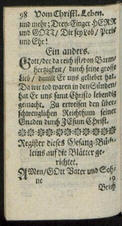 Register dieses Gesang-Büchleins auf die Blätter gerichtet.