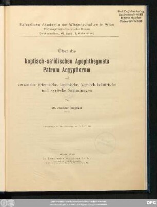 Über die koptisch-saʿidischen Apophthegmata Patrum Aegyptorium und verwandte griechische, lateinische, koptisch-bohairische und syrische Sammlungen