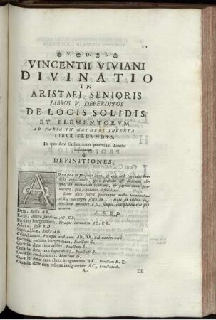 Vincentii viviani divinatio in aristaei senioris libros v. deperditos.