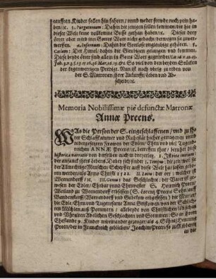 Memoria nobilissimae pie defunctae Matronae Annae Preens