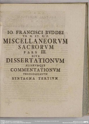 Pars III. Sive Dissertationum Aliarumque Commentationum Theologicarum Syntagma Tertium