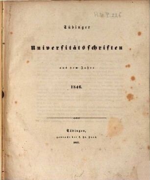 Tübinger Universitätsschriften. 1846