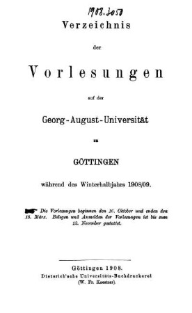 WS 1908/09: Verzeichnis der Vorlesungen