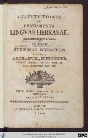 Institvtiones ad Fvndamenta Lingvae Hebraeae : in Vsvm Stvdiosae Ivventvtis