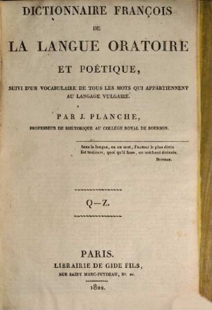 Dictionnaire françois de la langue oratoire et poétique. 3