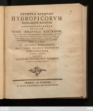 Exempla Aliqvot Hydropicorvm Medelaeqve Rationes