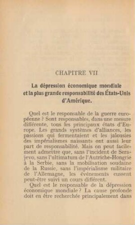 Chapitre VII La dépression économique mondiale et la plus grande responsabilité des États-Unis d'Amérique.