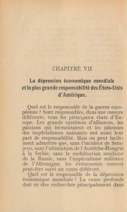 Chapitre VII La dépression économique mondiale et la plus grande responsabilité des États-Unis d'Amérique.