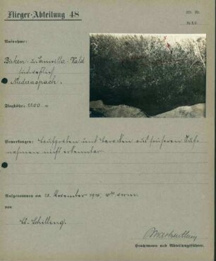 Foto feindlicher Laufgräben und Baracken im Birkenwald und im Ernwiller Wald südwestlich von Niederaspach (Luftbild)