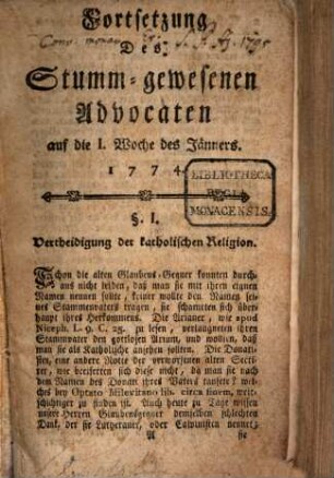 Der stumm gewesene Advocat : auf d. Jahr .... 1774