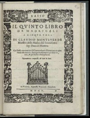 Claudio Monteverdi: Il quinto libro de madrigali a cinque voci. Basso