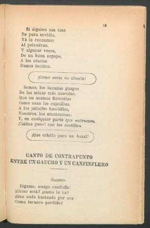 Canto de contrapunto entre un gaucho y un canfinflero