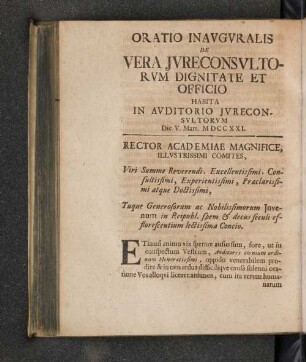 Oratio Inavgvralis De Vera Jvreconsvltorvm Dignitate Et Officio ...