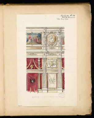 Festdekoration für die Königliche Oper, Berlin Monatskonkurrenz Dezember 1877: Aufriss der Innenlängswand im Ausschnitt; Maßstabsleiste