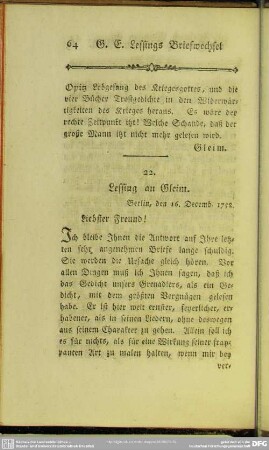 22. Lessing an Gleim. Berlin, den 16. Decemb. 1758