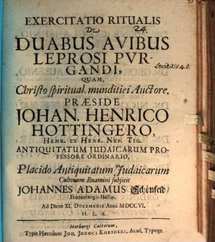 Exercitatio Ritualis De Duabus Avibus Leprosi Pvrgandi
