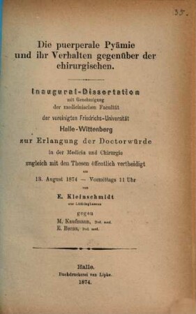Die puerperale Pyämie und ihr Verhalten gegenüber der chirurgischen : Inaug. Diss.