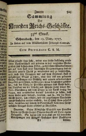 33tes Stuck. Schwabach, den 13. May, 1757.