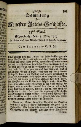 33tes Stuck. Schwabach, den 13. May, 1757.
