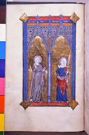 Ganzseitige Miniatur: Klara von Assisi und Osyth als Heilige in Ganzfigur unter Spitzbogenarkaden