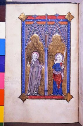 Ganzseitige Miniatur: Klara von Assisi und Osyth als Heilige in Ganzfigur unter Spitzbogenarkaden