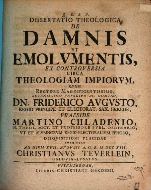 Diss. theol. de damnis et emolumentis ex controversia circa theologiam impiorum