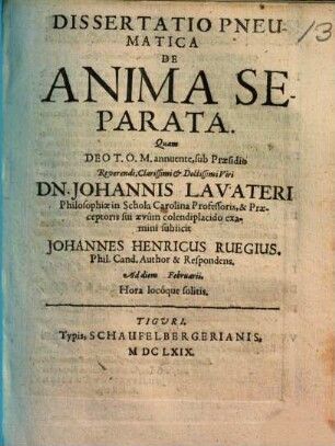 Dissertatio pneumatica de anima separata