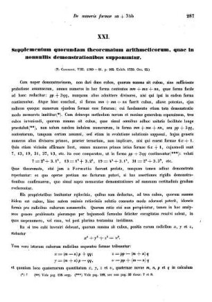 XXI. Supplementum quorundam theorematum arithmeticorum, quae in nonnullis demonstrationibus supponuntur.
