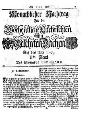 Monathlicher Nachtrag [...] IItes Stuck Des Monaths Februarii