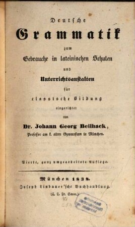 Deutsche Grammatik : zum Gebrauche in lateinischen Schulen